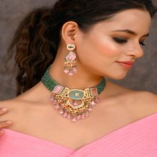 DASTOOR Womens Gold Plated Pink and Green Designer Choker Necklace Set