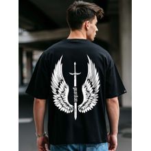 Bewakoof Men's Black Guardian Wings Graphic Printed Oversized T-shirt