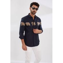 HE SPOKE Navy Blue Graphic Smart Casual Shirt