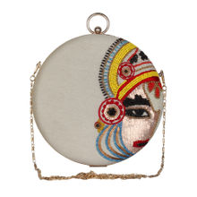 Anekaant Kathak Embroidered White & Multi Faux Silk Round Clutch