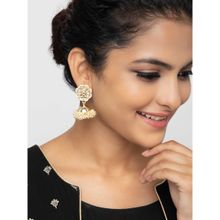 Indya Gold White Floral Beaded Satin Finish Jhumka Earrings