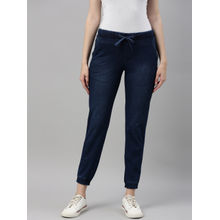Go Colors Women Solid Cotton Mid Rise Joggers - Blue