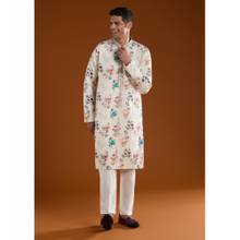 KALKI FASHION Off White Silk Linen Printed Kurta Set with Threadwork