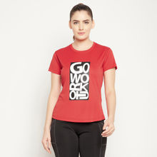 Clovia Comfort Fit Quick Dry Text Print Sports T-Shirt-Red