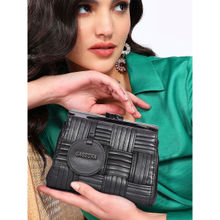 Sassora Black Premium Leather Pleated Pattern Women's Clutch (M)