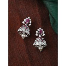 Estele Rhodium Plated Cz Sparkling Jhumki Earrings With Pearl And Pink Crystals For Women