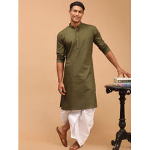 Vastramay Mens Mehndi Green & White Cotton Blend Kurta & Dhoti (Set of 2)