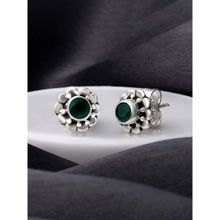Peora 925 Sterling Silver CZ Oxidised Finish Floral Faux Emerald Earrings-PF59E33G