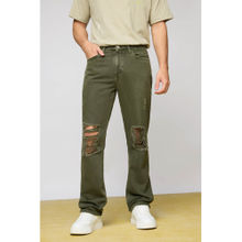 FREAKINS Men Rustic Green Distressed Straight Jeans