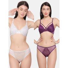 Curwish Beyond Sexy Lacy Wonder Golden Embroidery Push-Up Purple & White (Set of 4)