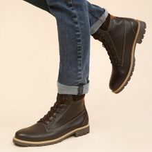 Yoho Brown Lace-Up Combat Boots with Padded Cuff for Men
