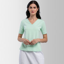FableStreet Cotton V Neck Knitted T Shirt - Mint Green