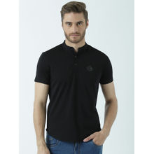 Huetrap Mens Knitted Regular Fit Henley Neck Short Sleeve Solid Tee- Black