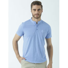 Huetrap Mens Knitted Regular Fit Henley Neck Short Sleeve Solid Tee- Blue