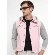Campus Sutra Mens Pink & Grey Medium Wash Denim Jacket With Sweatshirt Sleeve