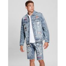 Guess Blue Pure Cotton Printed Denim Jacket