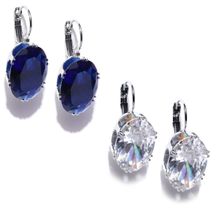 OOMPH Set Of 2 Silver Plated Large Oval Blue & White Cubic Zirconia Drop Earrings