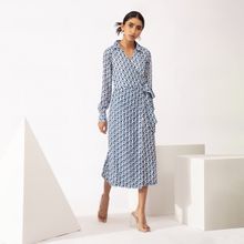 Twenty Dresses by Nykaa Fashion Work Blue Geometric A Line Midi Dress