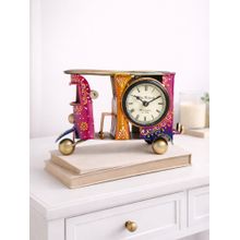 Golden Peacock Handcrafted Auto Rickshaw Metal Table Decor Showpiece with Clock