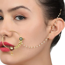 Zaveri Pearls Green & Red Stones & Pearl Chain Link Bridal Hoop Nose Ring - ZPFK8230