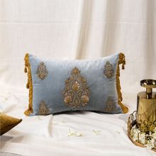 Alcove Sky Velvet Zardozi Cushion Blue