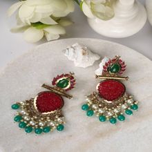 Priyaasi Red Green Pearls Beads Stones Gold Plated Drop Earring