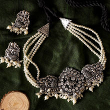 Teejh Darshika Silver Oxidised Pearl Choker Necklace Set