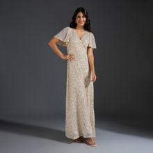 Twenty Dresses by Nykaa Fashion Cream Sequinned V Neck Bell Sleeve Fit and Flare Maxi Dress