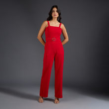 Twenty Dresses by Nykaa Fashion Red Solid Square Neck Studded Belt Jumpsuit (Set of 2)