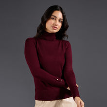 Twenty Dresses by Nykaa Fashion Wine Solid Turtle Neck Buttoned Cuffs Sweater Top