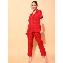 Clovia Classy Checks Printed Buttoned Down Shirt & Pyjama Set - Red