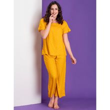 Clovia Polka Print Top & Pyjama Set - Rayon - Yellow