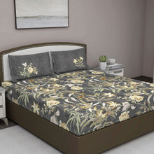 GM Grey Floral 210 Tc Cotton Queen Bedsheet With 2 Pillow Covers