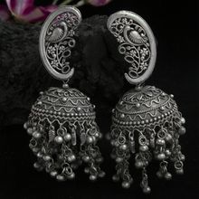 Moedbuille Peacock Shaped Tribal Design Oxidised Silver Plated Handcrafted Chandelier Jhumkas
