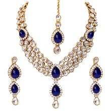 Peora Gold Plated Traditional Kundan Blue Long Necklace Jewellery Set Earring Maang Tikka (PF25N009B)