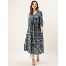 Odette Blue Cotton Printed Fit And Flare Stitched Kurta