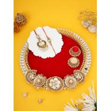 AAPNO RAJASTHAN Red Velvet Mirror Work Thali with Kundan Rakhi Set