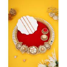 AAPNO RAJASTHAN Red Velvet Mirror Work Thali with 3 Kundan Teardrop Rakhis