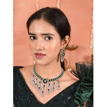 Ratnavali Jewels Silver Plated Green White American Diamond CZ Necklace with Earrings