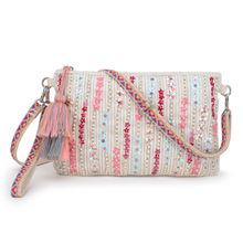 Anekaant Glid Natural & Pink Striped Sequined Cotton Handloom & Leatherette Sling Bag