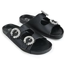 THE CAI STORE Black Crystal Buckled Slides