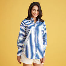 Twenty Dresses by Nykaa Fashion Navy Blue And White Striped Full Sleeves Cotton Shirt