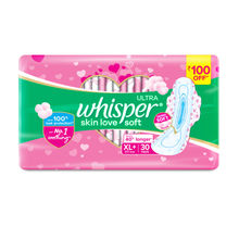 Whisper Ultra Skinlove Soft Sanitary Pads For Women,30 Thin Pads-Xl+,Our #1 Softness,Irritation Free