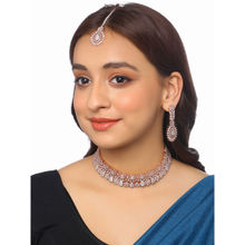 VIRAASI Rose Gold Plated CZ & AD Bridal Choker Necklace with Earrings and Maangtikka (Set of 3)
