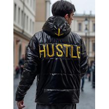 Bewakoof Men's Black Shine Hustle Typography Oversized Jacket