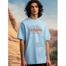 Bewakoof Men's Chambray Blue Safarnama Graphic Printed Oversized T-shirt