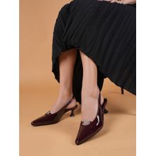 Drop Bold Maroon Pointed Toe Stiletto Heels with Buckle Detail For Women