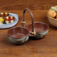 NAKSHIKATHAA Studio Pottery Olive Green Chutney Server With Cane Handle (Round Base)