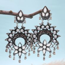 Crunchy Fashion Oxidised Silver Beautiful Drop Designer Mirror Dangler Earrings