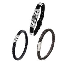 Yellow Chimes Men Brown and Black Silcon Type PU Leather Bracelet Set